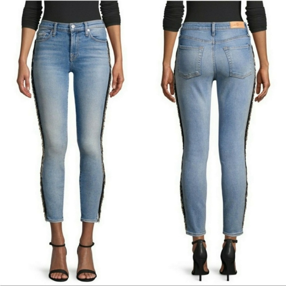 7 for All Mankind The Ankle Luxe Vintage Skinny Fringe Beaded Blue Size 28